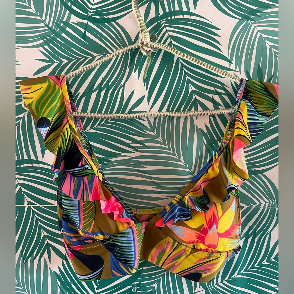 Aerie Ruffle Longline Bikini Top in Blue/Yellow Tropical Print size M
